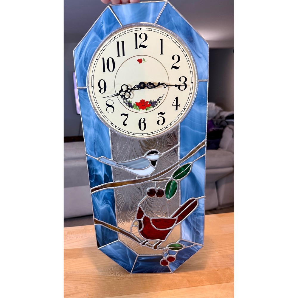 Vintage Handcrafted Stained Glass Wall Clock Bird Nature Art  WORKS!